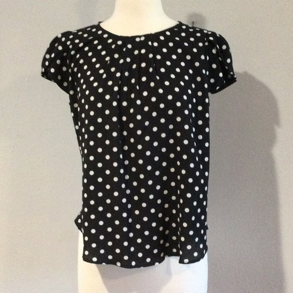 Sal Michel Black w/White Polka-dots Key Hole Back Tulip Pleated Front Blouse L